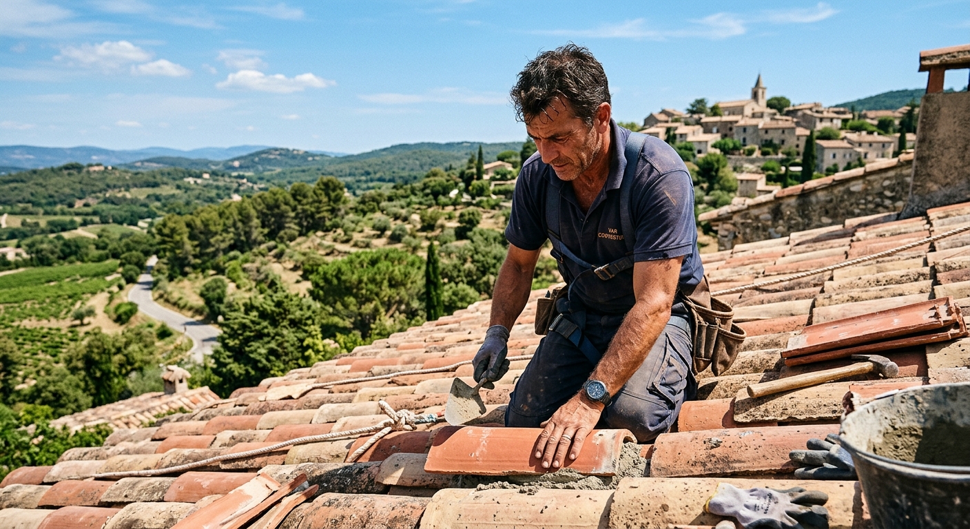 Artisan couvreur professionnel r&eacute;parant une toiture